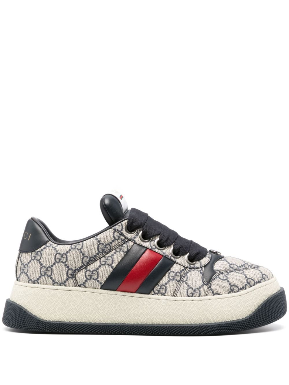 Gucci Double Screener Sneakers Mens Calf Leather / Canvas / Rubber 4051 - Be.Bl / Bl / Bl / Hi.Re / Bl